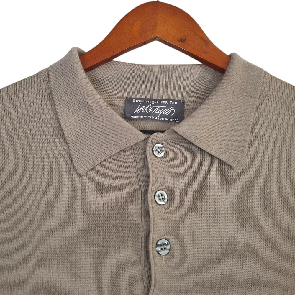 Lord & Taylor Mens Merino Wool Polo Sweater Large L Tan Long Sleeve Made Italy